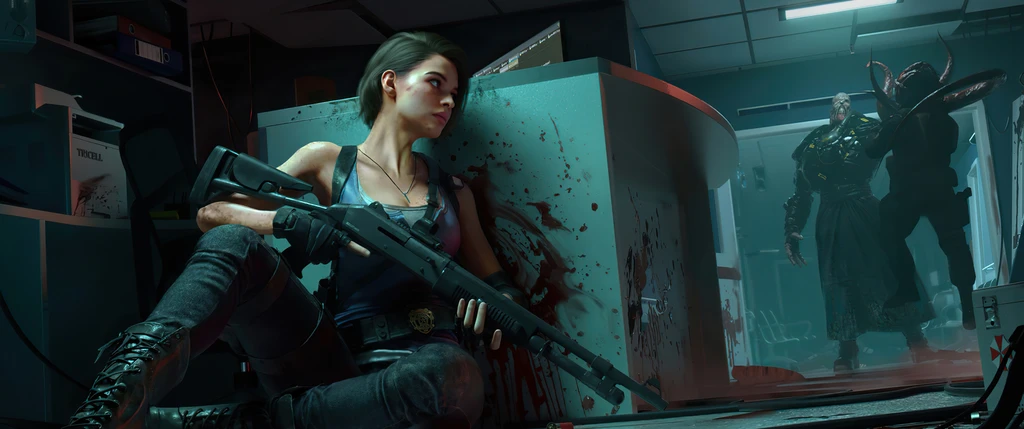 Jill Valentine sitter hukad bakom en blodstänkt disk med hagelgevär i handen, medan en hög, mörk best i skinnrock närmar sig i bakgrunden.