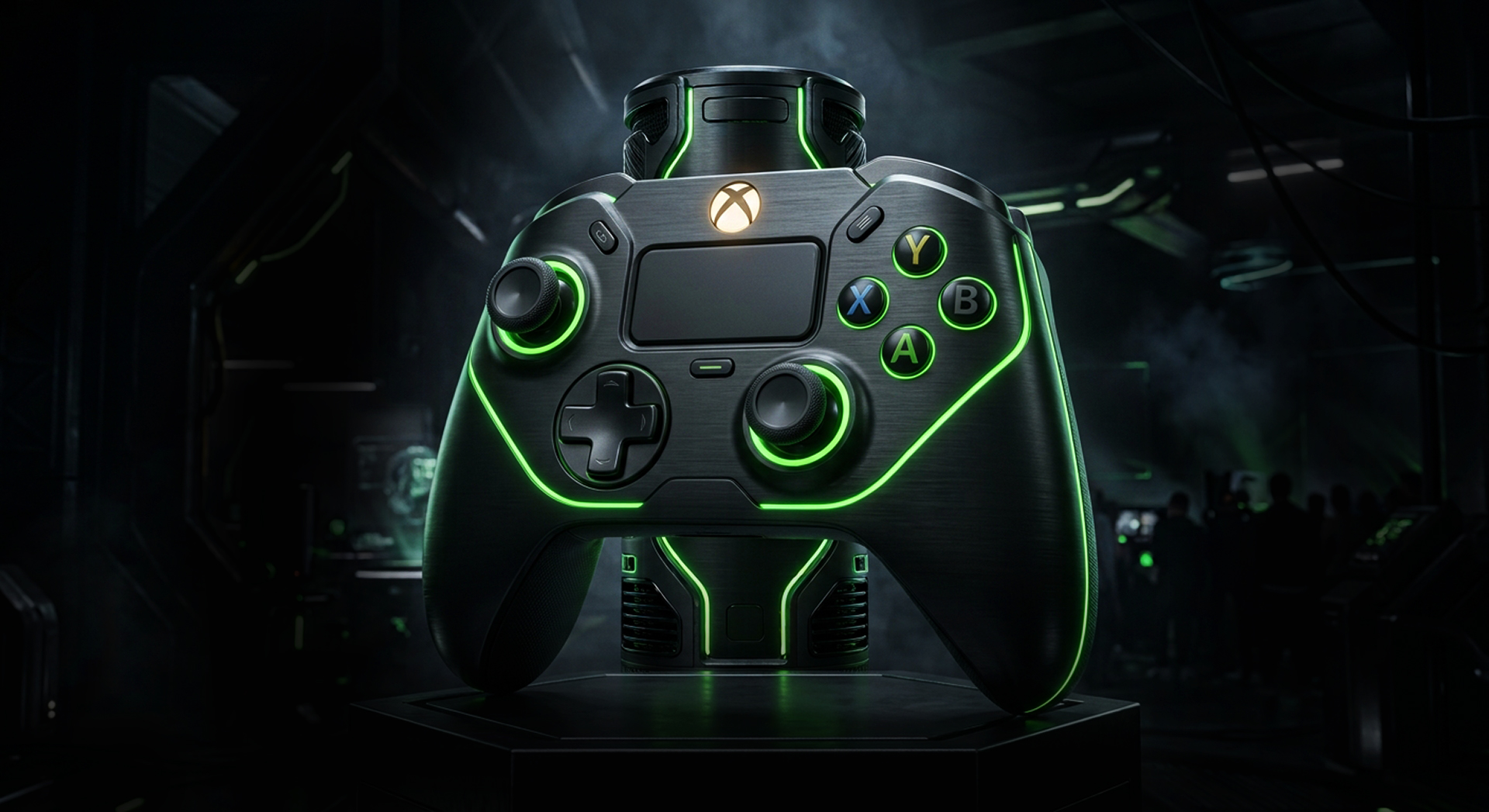 Svart Xbox-handkontroll med neongröna lysande kanter och en pekplatta på mitten, placerad på en sockel i en mörk futuristisk miljö.